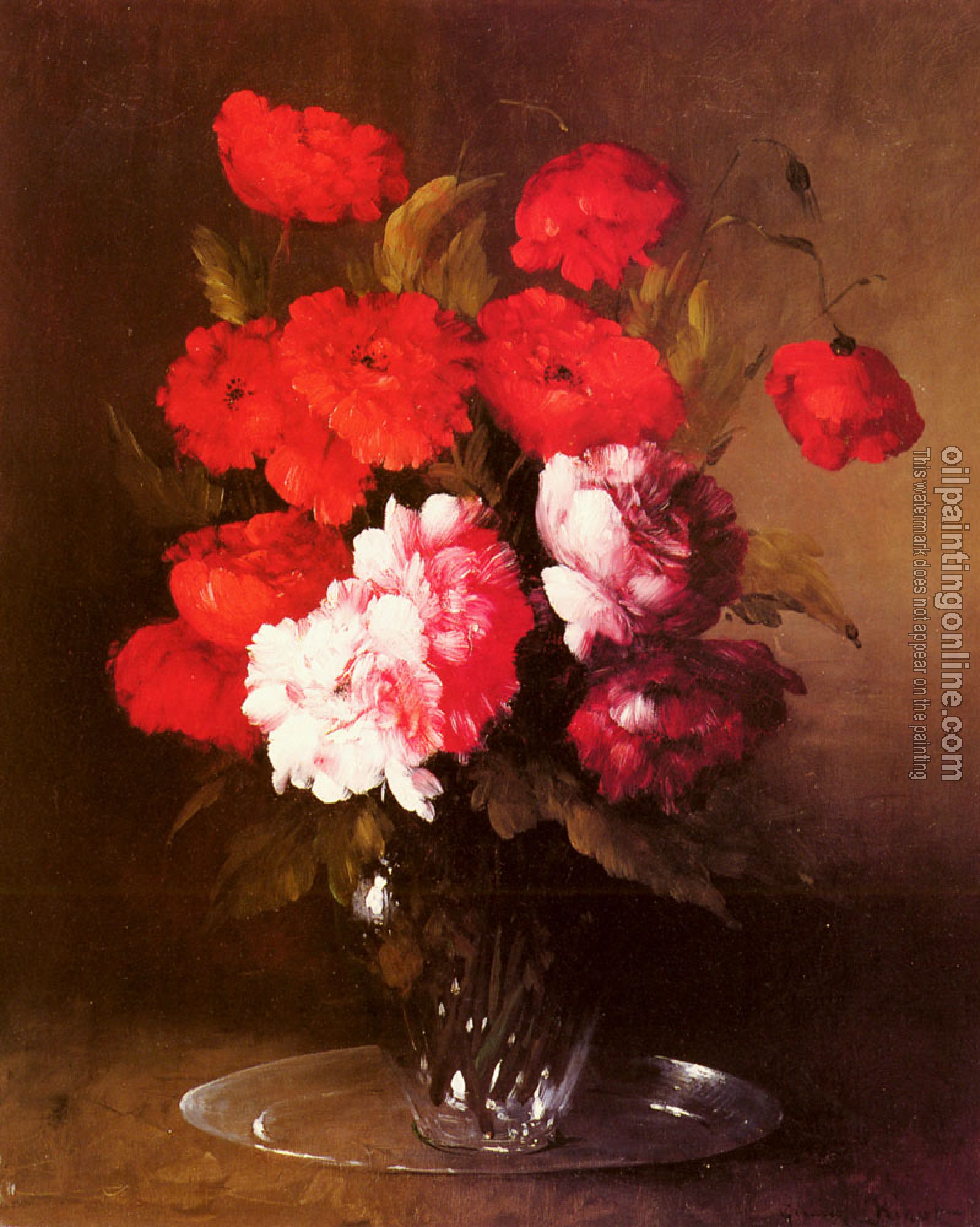 Germain Theodure Clement Ribot - Pink Peonies And Poppies In A Glass Vase